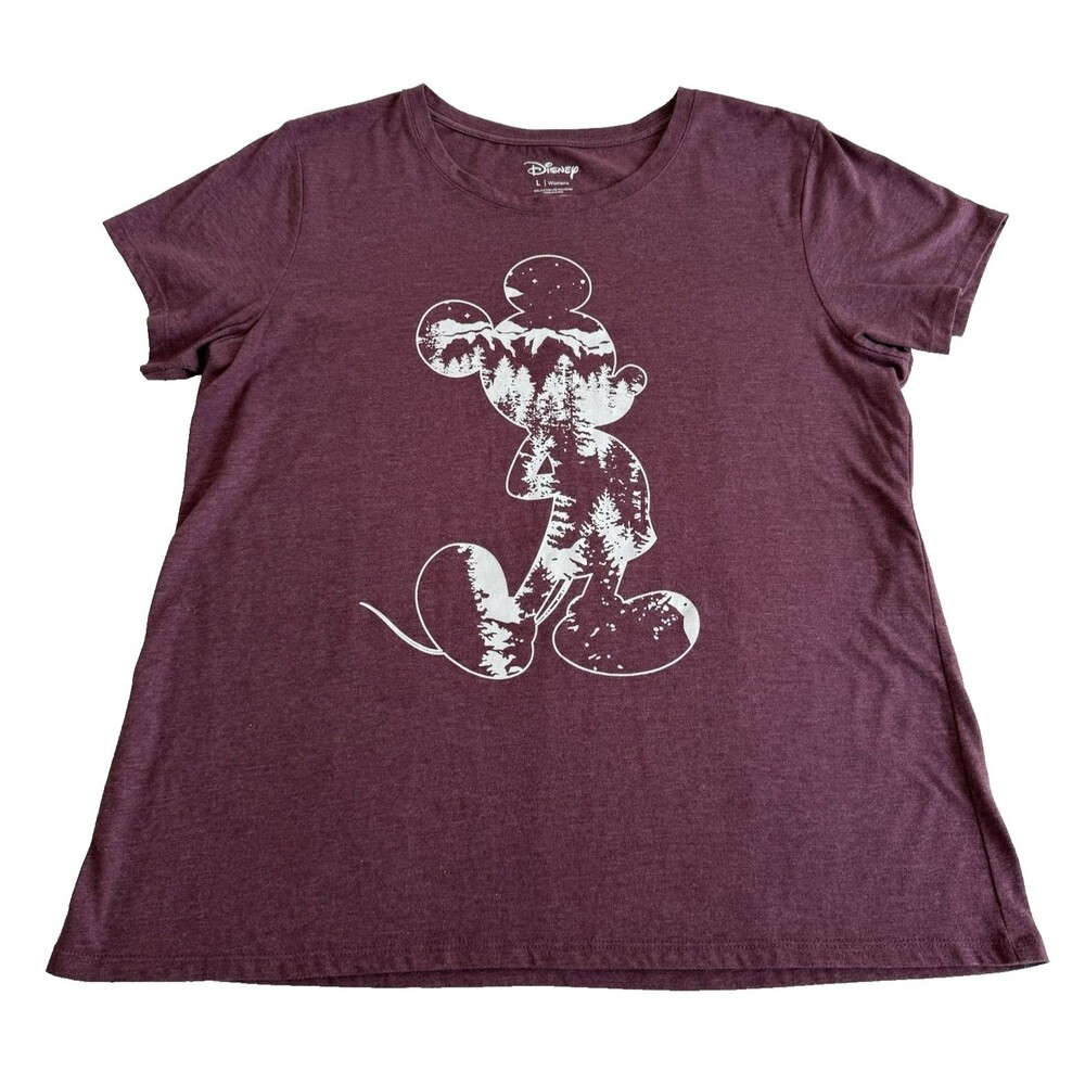Disney Women's L Mickey Mouse Tshirt Wilderness Silhouette Pine Trees Forest